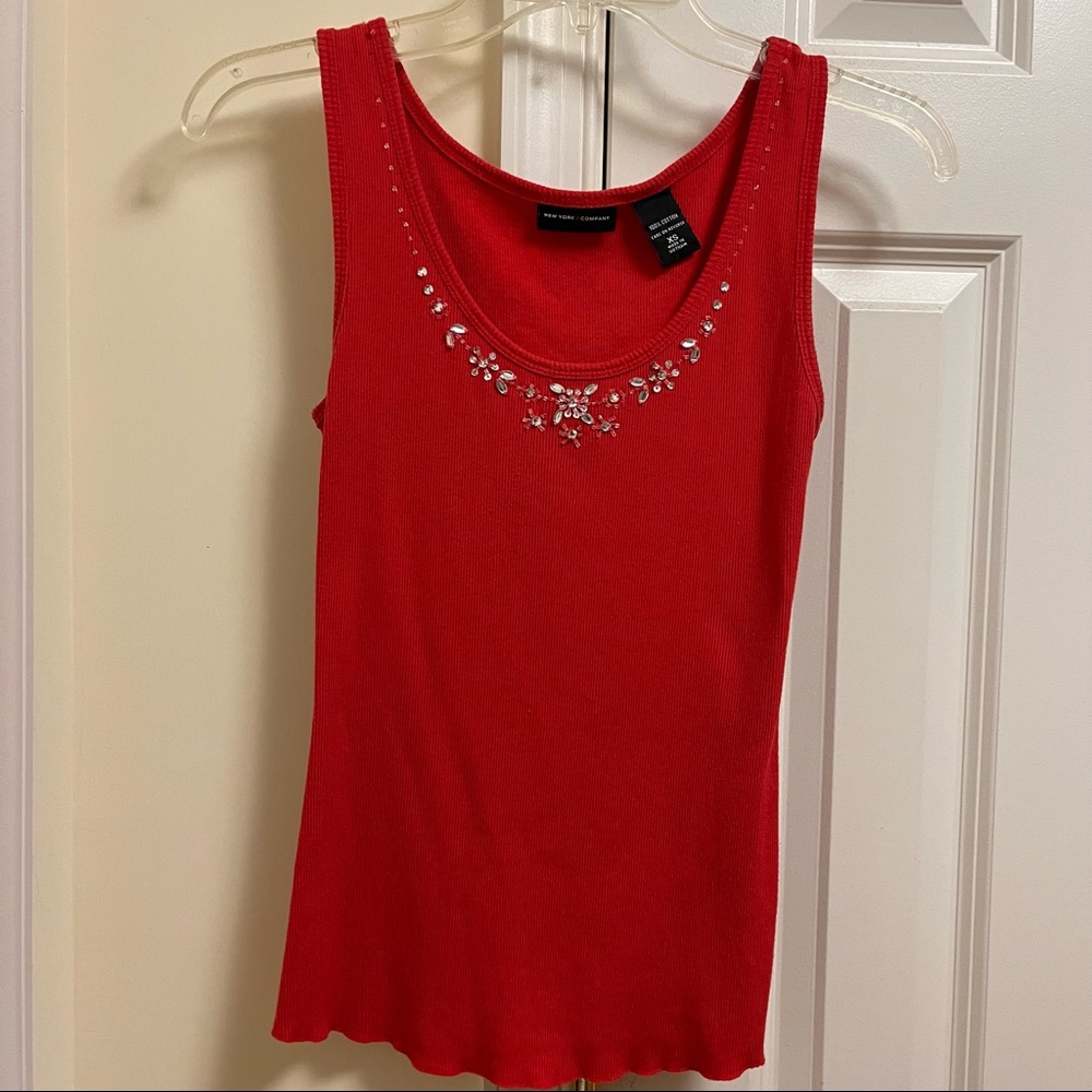 New York & Company Tank Top- XS, Orange, Floral Crystal Accents
